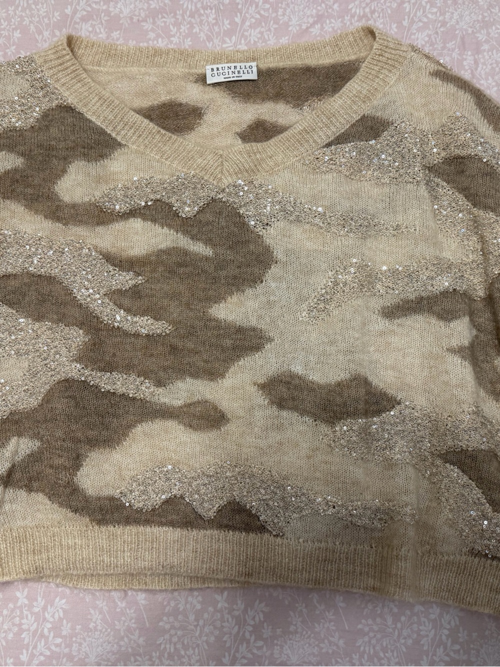 Brunello Cucinelli Beige & Brown Camouflage Sequin Knit Top